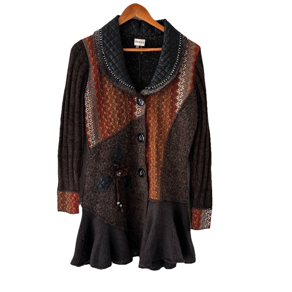 SIONI Sweater Coat Womens Size S Boho Patchwork Artsy Lagenlook‎ Mixed Media